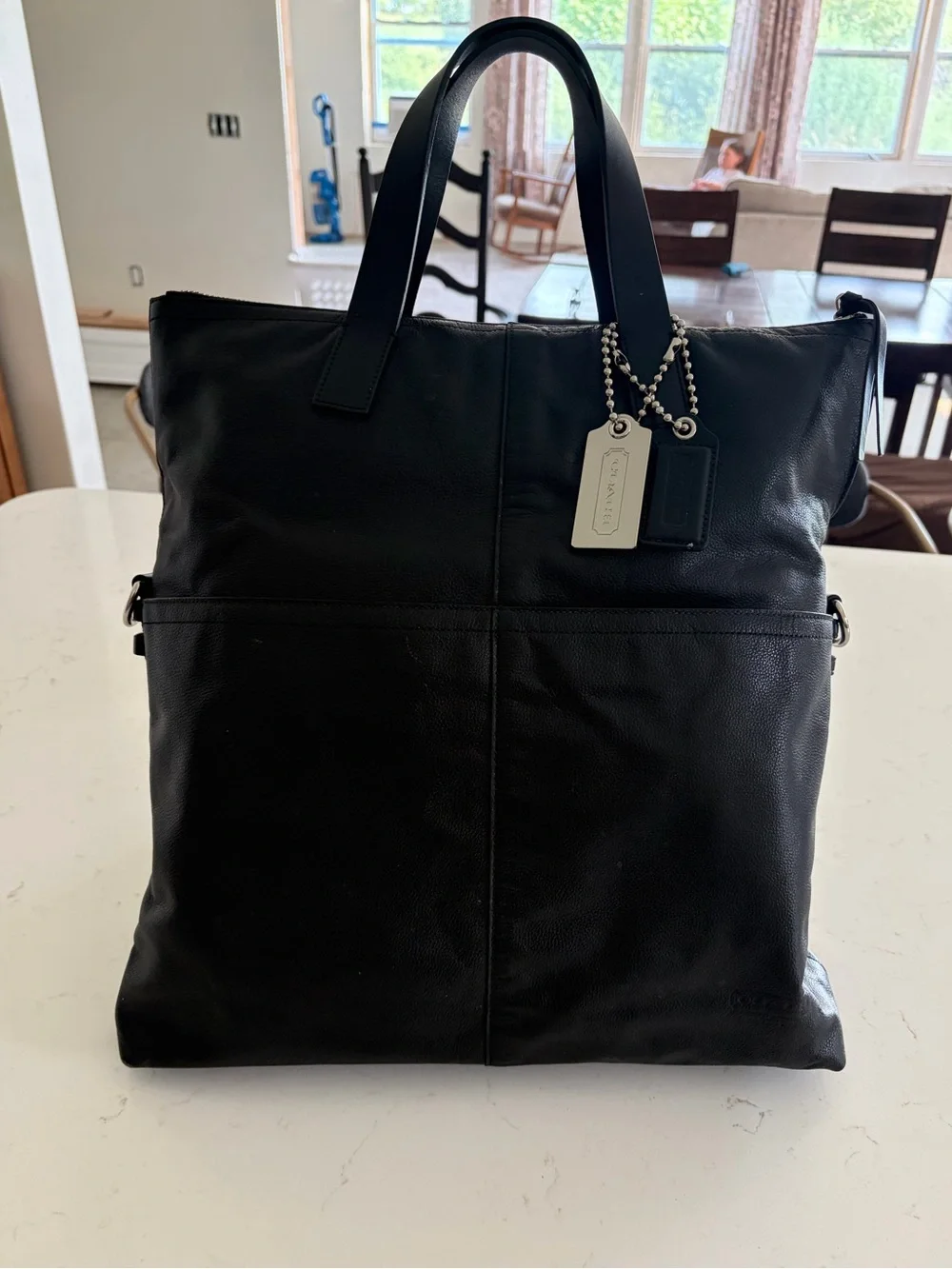 Black Coach Leather Charles Foldover Tote With Classic Silver Hangtags